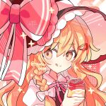  1girl black_shirt blonde_hair braid can collared_shirt commentary food fruit hat highres holding holding_can holding_food holding_fruit kirisame_marisa long_hair pink_ribbon red_theme ribbon shirocha_tei shirt side_braid solo symbol-only_commentary tongue tongue_out touhou twitter_username upper_body white_shirt witch witch_hat yellow_eyes 