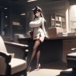  ai-generated animal_ears atago_(azur_lane) azur_lane black_hair breasts extra_ears garter_straps high_heels holding holding_paper large_breasts leaning_on_table long_hair military_uniform naval_uniform non-web_source office paper standing thigh-highs uniform 