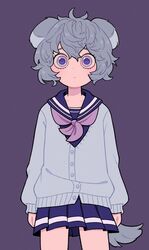  1girl absurdres animal_ears cardigan doodlelotl espurr grey_hair highres long_sleeves looking_at_viewer personification pleated_skirt pokemon purple_background school_uniform serafuku short_hair skirt solo tail violet_eyes 