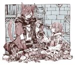  1boy 1girl :o animal_ears cat_ears cat_tail final_fantasy final_fantasy_xiv flour holding itowo_(itowc) lalafell miqo&#039;te mortar_(bowl) pants pestle red_eyes redhead scarf sitting smile sparkling_eyes tail tail_raised vial warrior_of_light_(ff14) 