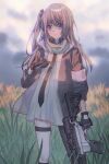  1girl absurdres ar-15 asymmetrical_gloves black_gloves black_jacket black_necktie black_thighhighs blue_eyes closed_mouth clouds cloudy_sky cowboy_shot dress eyebrows_hidden_by_hair fingerless_gloves girls_frontline gloves grass gun hand_up highres holding holding_gun holding_weapon jacket long_hair looking_at_viewer mismatched_gloves multicolored_hair necktie one_side_up open_clothes open_jacket pink_armband pink_hair purple_hair rifle scope single_thighhigh sky solo st_ar-15_(girls&#039;_frontline) streaked_hair thigh-highs thigh_strap trigger_discipline weapon white_dress wu_chengyi3999 