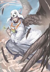  1boy brown_feathers closed_mouth commentary_request dress facepaint feathers head_scarf highres holding holding_sword holding_weapon jewelry long_dress looking_to_the_side male_focus necklace one_piece pearl_necklace pell sky smile solo sword take_tw01 weapon white_dress wings 