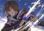  1boy ahoge black_gloves blue_sky brown_hair clouds commentary_request fingerless_gloves gloves glowing glowing_sword glowing_weapon granblue_fantasy holding holding_sword holding_weapon hood hood_down looking_at_viewer male_focus messy_hair motion_lines pota_(bluegutty) red_eyes sandalphon_(granblue_fantasy) short_hair signature sky smirk solo swept_bangs swipe sword upper_body weapon 