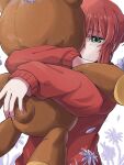  1girl absurdres delfuze green_eyes hatori_chise highres hugging_doll hugging_object mahou_tsukai_no_yome ponytail red_sweater redhead sidelocks solo stuffed_animal stuffed_toy sweater teddy_bear 