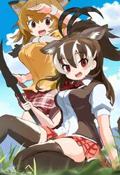  2girls antelope_ears antelope_horns bow bowtie brown_hair brown_sweater brown_thighhighs brown_vest collared_shirt common_eland_(kemono_friends) extra_ears grass hair_between_eyes highres horns kemono_friends kneeling koutsuu_(koutuukanseikan) light_brown_hair long_hair multicolored_hair multiple_girls neckerchief open_clothes open_vest plaid_clothes plaid_skirt pleated_skirt polearm puffy_short_sleeves puffy_sleeves red_eyes red_neckerchief red_skirt sable_antelope_(kemono_friends) shirt short_hair short_sleeves sidelocks single_horn skirt spear sweater thigh-highs two-tone_hair vest weapon white_bow white_bowtie white_hair white_shirt wristband zettai_ryouiki 