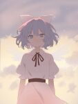  1girl absurdres blue_eyes bow clouds cloudy_sky collared_dress commentary_request cowboy_shot dress expressionless fog hair_bow highres iris-san looking_at_viewer mai_(touhou) mystic_square neck_ribbon puffy_short_sleeves puffy_sleeves purple_hair red_ribbon red_sash ribbon sash short_hair short_sleeves sky solo touhou touhou_(pc-98) upper_body white_bow white_dress 