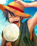  1boy black_hair closed_eyes clouds cloudy_sky commentary_request food hand_on_headwear hat holding holding_food jippei male_focus monkey_d._luffy one_piece open_mouth outdoors scar scar_on_chest scar_on_face short_hair sky sleeveless smile solo straw_hat teeth 