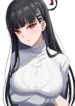  1girl black_hair blue_archive blush bralines breasts hair_ornament hairclip halo highres hime_cut long_hair looking_at_viewer mono_(user_xxxx3247) red_eyes ribbed_sweater ringed_eyes rio_(blue_archive) simple_background solo sweater turtleneck turtleneck_sweater variant_set white_background 
