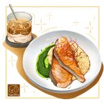  artist_logo cup drink drinking_glass fish_(food) food food_focus highres meat no_humans original plate rice sauce yuki00yo 