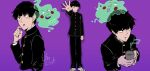  1boy black_eyes black_hair black_jacket black_pants black_sleeves blunt_bangs blush_stickers clenched_hand collared_jacket commentary_request creature_on_head cropped_torso cup dated drink ekubo_(mob_psycho_100) fingernails full_body gakuran ghost green_tea high_collar holding holding_drink jacket kageyama_shigeo long_sleeves lower_teeth_only male_focus mob_psycho_100 multiple_views open_mouth outstretched_hand pants purple_background school_uniform scratching_cheek shadow shoes short_hair signature simple_background smile sneakers steam straight-on tea teeth u_u_ki_u_u upper_teeth_only white_footwear yunomi 