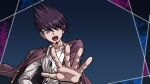  1boy blue_background buttons coat coat_on_shoulders collared_coat collared_jacket commentary_request danganronpa_(series) danganronpa_v3:_killing_harmony eyelashes facial_hair goatee hair_between_eyes jacket lapels layered_sleeves long_sleeves male_focus momota_kaito notched_lapels official_style open_clothes open_jacket open_mouth outside_border outstretched_arm palms parody pink_coat pink_sleeves polka_dot polka_dot_background purple_hair sharp_teeth short_hair simple_background solo style_parody teeth upper_body upper_teeth_only v-shaped_eyebrows violet_eyes white_jacket white_sleeves yumaru_(marumarumaru) 