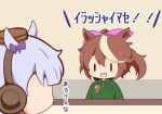  2girls 7-eleven :d blush_stickers bow brown_hair brown_hat chibi collared_shirt ear_bow ear_covers employee_uniform faceless faceless_female gold_ship_(umamusume) gomashio_(goma_feet) green_shirt hair_between_eyes hair_ribbon hat indoors mini_hat multicolored_hair multiple_girls pink_ribbon polo_shirt ponytail purple_bow ribbon shirt smile streaked_hair tokai_teio_(umamusume) translation_request umamusume uniform white_hair 