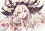 1girl :d bare_shoulders blue_eyes breasts dress fate/grand_order fate_(series) flower frilled_hat frills gloves grey_hair hat heart heart_hands highres large_hat long_hair looking_at_viewer marie_antoinette_(fate) marie_antoinette_(third_ascension)_(fate) no-kan open_mouth purple_flower purple_rose rose sleeveless smile solo twintails white_dress white_gloves white_hat 