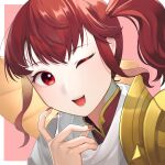  1girl anna_(fire_emblem) fire_emblem fire_emblem_heroes gold high_ponytail highres ikura_(downdexp) nail_polish one_eye_closed open_mouth red_eyes red_nails redhead side_ponytail 