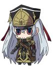  1girl :&lt; altair_(re:creators) blue_eyes chinese_commentary coat commentary_request fate_(series) gauntlets gold_trim hair_between_eyes hair_ribbon hat highres long_hair long_skirt looking_at_viewer military_uniform no_shoes re:creators red_eyes red_ribbon ribbon shako_cap simple_background skirt solo square_pupils two-tone_eyes uniform very_long_hair white_background white_hair xxx562375 