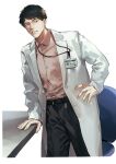  1boy absurdres border brown_eyes brown_hair chair coat collared_shirt doctor hand_on_table highres knees_out_of_frame male_focus name_tag original otani_(gloria) pink_shirt shirt short_hair solo table teeth white_background white_border white_coat 