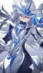  1girl blue_dress breasts cowboy_shot dress duel_monster gloves gradient_background grey_hair hajime_daijo hat holding holding_staff long_hair medium_breasts red_eyes silent_magician solo staff white_background white_dress white_gloves white_hat witch witch_hat yu-gi-oh! 