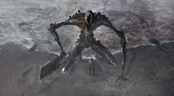  1boy beach faceless giant giant_monster hand_on_ground highres holding holding_sword holding_weapon kneeling kohata_(kohatazuke) looking_at_viewer looking_up monster monster_focus original outdoors own_hands_together shadow size_difference skinny sword weapon weapon_request 