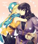  1boy 1girl bare_shoulders belt black_hair blonde_hair blue_scarf braid braided_ponytail breasts brown_belt character_name commentary couple fingerless_gloves fire_emblem fire_emblem:_genealogy_of_the_holy_war gloves gradient_background grey_eyes hat hetero hug implied_kiss long_hair one_eye_closed pants patty_(fire_emblem) scarf shannan_(fire_emblem) single_braid small_breasts upper_body usachu_now 