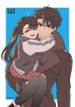  1boy 1girl arms_around_neck blue_background border brown_coat brown_hair carrying carrying_person character_request check_character child coat dated guilty_(deathqueen) heart light_frown long_sleeves looking_at_viewer omniscient_reader&#039;s_viewpoint open_mouth outside_border scarf short_hair short_twintails siblings smile twintails twitter_username white_border yoo_joonghyuk yoo_mia 
