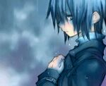  artist_request blue_eyes blue_hair clouds dark_clouds kino_(kino_no_tabi) kino_no_tabi lowres rain sad short_hair suit 