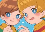  2boys blonde_hair blue_eyes brown_hair child claus_(mother_3) haru-cho heart highres lucas_(mother_3) male_focus mother_(game) mother_3 multiple_boys orange_hair shirt short_hair siblings simple_background smile striped_clothes striped_shirt 