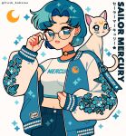  1girl artemis_(sailor_moon) bishoujo_senshi_sailor_moon blue_choker blue_eyes blue_hair blue_jacket cat choker crescent crescent_facial_mark crescent_moon crop_top denim emily_kim facial_mark floral_print forget-me-not_(flower) highres jacket jeans letterman_jacket mizuno_ami moon pants sailor_mercury shirt short_hair simple_background sparkle twitter_username white_cat white_shirt 