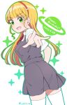  1girl :d \m/ blonde_hair blue_outline blunt_bangs blush bow_hairband breasts collared_shirt commentary_request cowboy_shot dated dress dress_shirt gradient_outline green_eyes green_outline grey_dress hairband happy_birthday heanna_sumire highres jenny_(je2live) logo looking_at_viewer looking_back love_live! love_live!_superstar!! medium_breasts neck_ribbon open_mouth outline partial_commentary pinafore_dress red_hairband red_ribbon ribbon school_uniform shirt short_dress short_sleeves sleeveless sleeveless_dress smile solo sparkle summer_uniform thigh-highs twitter_username v-shaped_eyebrows white_shirt white_thighhighs yuigaoka_school_uniform zettai_ryouiki 