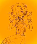  1girl bags_under_eyes belt bow brooch buttons closed_eyes cowboy_shot crying double-breasted dress facing_viewer frilled_wrist_cuffs frills hair_bow hair_over_one_eye hands_up idolmaster idolmaster_cinderella_girls jewelry lineart long_bangs monochrome neck_ribbon one_eye_covered orange_theme parted_lips payama puffy_short_sleeves puffy_sleeves ribbon sad_smile shirasaka_koume short_dress short_hair short_sleeves simple_background solo standing wrist_cuffs 