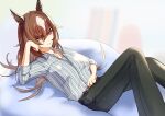  1girl animal_ears bed belt black_pants breasts brown_belt brown_hair closed_mouth collared_shirt commentary_request ear_ornament grey_shirt hair_between_eyes highres horse_ears horse_girl jewelry knees_up long_hair looking_at_viewer medium_breasts multicolored_hair necklace official_alternate_costume on_bed orusun pants partially_unbuttoned red_eyes shirt sirius_symboli_(umamusume) sitting sleeves_rolled_up smile solo streaked_hair striped_clothes striped_shirt umamusume v-shaped_eyebrows vertical-striped_clothes vertical-striped_shirt very_long_hair white_hair white_shirt 