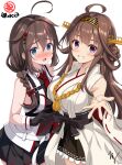  2girls ahoge bare_shoulders belt black_gloves black_skirt blue_eyes blush braid breasts brown_hair chest_harness detached_sleeves double_bun gloves hair_between_eyes hair_bun hair_flaps hair_over_shoulder hair_ribbon hairband harness headgear japanese_clothes kantai_collection kongou_(kancolle) kongou_kai_ni_(kancolle) large_breasts long_hair medium_breasts miniskirt multiple_girls necktie nontraditional_miko nose_blush open_mouth pleated_skirt red_necktie ribbon ribbon-trimmed_sleeves ribbon_trim shigure_(kancolle) shigure_kai_san_(kancolle) shirt single_braid skirt sleeveless sleeveless_shirt smile takuma_(takumo7121) two-tone_shirt very_long_hair violet_eyes white_belt 