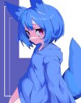  1girl absurdres animal_ear_fluff animal_ears arms_at_sides blue_hair blue_hoodie closed_mouth fox_ears fox_girl fox_tail from_side highres hood hoodie looking_at_viewer miya_(myakuro) myakuro original short_hair slit_pupils solo tail upper_body violet_eyes 