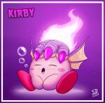  border bubble closed_eyes copy_ability deviantart_username dragon_fire_kirby fire fire_kirby highres kirby kirby_(series) kirby_and_the_forgotten_land megaspinax341 no_humans open_mouth purple_background purple_fire sitting sleeping solo white_background white_border 