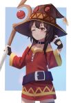  1girl absurdres black_gloves brown_hair button_eyes buttons collar dress fingerless_gloves gloves hat highres holding holding_staff kono_subarashii_sekai_ni_shukufuku_wo! mage_staff megumin nanado27_7 off-shoulder_dress off_shoulder one_eye_closed red_dress red_eyes short_hair_with_long_locks single_thighhigh solo staff thigh-highs witch_hat 