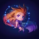  1girl :3 bare_shoulders bracelet braid chibi dated full_body highres jewelry league_of_legends long_hair multicolored_hair orange_hair scarf shirt shoes shorts side_braid single_braid solo sparkle translation_request very_long_hair violet_eyes zoe_(league_of_legends) ztdlb 