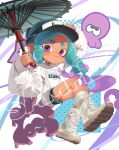  1girl abstract_background absurdres blue_hair boots closed_mouth commentary commission cross-laced_footwear english_commentary highres holding holding_umbrella holding_weapon long_hair looking_at_viewer multicolored_background octoling octoling_girl octoling_player_character ppuna print_sweater recycled_brella_24_(splatoon) sample_watermark sleeves_past_wrists smile solo splatoon_(series) splatoon_3 sweater tentacle_hair thick_eyebrows umbrella violet_eyes visor_cap watermark weapon white_footwear white_sweater 