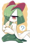  ? bags_under_eyes food green_hair hair_over_one_eye half-closed_eyes highres holding holding_food holding_ice_cream horns ice_cream ice_cream_cone ino_(tellu0120) kirlia orange_background pink_eyes pokemon pokemon_(creature) seiza sidelocks simple_background sitting tongue tongue_out 