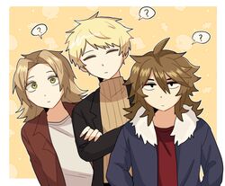  3boys ? atou_haruki black_jacket blonde_hair blue_jacket border brown_hair brown_jacket brown_sweater closed_eyes closed_mouth colored_eyelashes crossed_arms dam_(5me1et) fur-trimmed_jacket fur_trim green_eyes hair_between_eyes highres isoi_reiji jacket light_brown_hair long_sleeves male_focus medium_hair multiple_boys open_clothes open_jacket orange_background outline outside_border parted_bangs red_shirt ribbed_sweater saibou_shinkyoku sanpaku shinano_eiji shirt short_hair spoken_question_mark sweater turtleneck turtleneck_sweater upper_body white_border white_outline white_shirt 