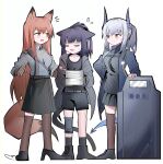  3girls :d absurdres animal_ear_fluff animal_ears arknights black_footwear black_hair black_shirt black_shorts black_skirt black_socks blue_jacket breasts brown_eyes brown_gloves brown_hair brown_pantyhose brown_thighhighs cat_ears cat_girl cat_tail closed_eyes collared_shirt ear_protection flying_sweatdrops franka_(arknights) gloves grey_hair grey_jacket grey_shirt half-closed_eye hand_on_another&#039;s_shoulder hand_on_own_hip high_heels highres horns jacket jessica_(arknights) knee_pads liskarm_(arknights) long_hair medium_breasts multicolored_hair multiple_girls notice_lines open_clothes open_jacket over-kneehighs pantyhose paper_stack pleated_skirt ponytail purple_hair riot_shield shield shirt shoes shorts simple_background single_knee_pad single_leg_pantyhose single_over-kneehigh single_thighhigh skirt smile socks spam_(spamham4506) standing streaked_hair sweat tail thigh-highs uneven_eyes very_long_hair white_background 