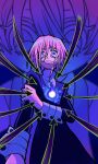  1other absurdres arrow_(projectile) arrow_(symbol) attack black_dress child_abuse crona_(soul_eater) dress highres hitodama long_sleeves purple_hair scared sleeve_cuffs soul_eater symbol-shaped_pupils user_yddr3472 violet_eyes 