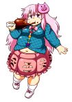  absurdres boned_meat bow bowtie button_gap buttons drooling eating fat food hata_no_kokoro highres meat navel nazotyu pig_mask pink_bow pink_bowtie pink_eyes pink_hair plaid plaid_shirt shirt skirt star_button touhou triangle_button weight_gain white_footwear x 