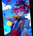  1girl confetti drill_hair gloves hand_up hat highres kasane_teto mesmerizer_(vocaloid) moshinya_32 open_mouth pants pink_eyes pink_hair pink_hat pink_pants solo suspenders sweat twin_drills upper_body utau worried yellow_gloves 