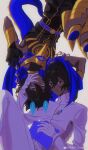  2boys :t arjuna_(fate) arjuna_alter_(fate) armor artist_name belt black_gloves black_pants black_shirt blue_belt blue_cape blue_eyes blue_horns book brown_eyes cape chinese_commentary closed_mouth commentary_request dark-skinned_male dark_skin fate/grand_order fate_(series) gloves gold_armor hair_between_eyes hand_on_another&#039;s_cheek hand_on_another&#039;s_face high_collar highres holding holding_book horns long_sleeves looking_at_viewer male_focus multicolored_eyes multiple_boys open_book pants pout shirt simple_background smile tail upside-down vambraces violet_eyes watermark weibo_logo weibo_username white_background white_gloves white_pants white_shirt xue_xuezi_snowlily 
