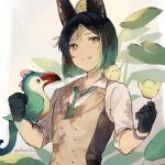  1boy animal_ear_fluff animal_ears animal_on_head animal_on_shoulder ascot bird bird_on_hand bird_on_head bird_on_shoulder black_hair blunt_ends bright_pupils brooch brown_vest buttons chick clenched_hands collared_shirt double-breasted dress_shirt dyed_bangs fox_ears genshin_impact gradient_hair green_ascot green_eyes green_hair grey_background hair_between_eyes hands_up jewelry lapels looking_at_viewer multicolored_hair on_head parted_lips plant shirt simple_background sleeves_rolled_up smile streaked_hair sunlight teeth tighnari_(genshin_impact) tighnari_(m&amp;g)_(genshin_impact) twitter_username two-tone_hair two-tone_vest vest white_pupils white_shirt wolfram_1 