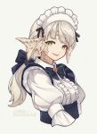  1girl 9yuki au_ra black_bow black_bowtie blonde_hair bow bowtie brooch collared_shirt cropped_torso dragon_girl dragon_horns final_fantasy final_fantasy_xiv frilled_shirt frills from_side green_eyes hair_bow happy_birthday highres horns jewelry long_hair looking_at_viewer low_ponytail maid maid_headdress ponytail scales shirt simple_background smile solo upper_body warrior_of_light_(ff14) white_background white_shirt 