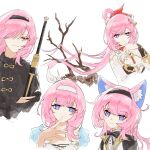  animal_ears bell black_bow black_bowtie black_hairband black_shirt blue_eyes bow bowtie breasts cat_ears closed_eyes closed_mouth elf elysia_(herrscher_of_human:ego)_(honkai_impact) elysia_(honkai_impact) elysia_(miss_pink_elf)_(honkai_impact) elysia_(summer_miss_elf)_(honkai_impact) flower hair_between_eyes hair_flower hair_ornament hairband hand_on_own_face highres holding holding_sword holding_weapon honkai_(series) honkai_impact_3rd japanese_clothes jewelry katana long_hair long_sleeves looking_at_viewer multiple_girls necklace pearl_necklace pink_eyes pink_hair pink_pupils pointy_ears rio_(user_kzxp8757) shirt smile sword weapon white_background white_hairband 