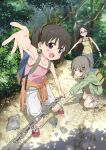  3girls :d absurdres backpack bag bare_shoulders black_hair blush brown_hair chain collarbone forest full_body glasses green_eyes hair_ornament hairclip highres kuraue_hinata long_hair looking_at_viewer multiple_girls nature non-web_source official_art open_mouth outdoors outstretched_arm outstretched_arms outstretched_hand pulling saitou_kaede_(yama_no_susume) scan shoes short_hair shorts sleeveless smile tree twintails violet_eyes yama_no_susume yonemori_yuki yukimura_aoi 