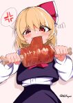  1girl absurdres anger_vein blonde_hair blush boned_meat bow eating food hair_bow highres holding holding_food long_sleeves meat red_eyes rumia sharp_teeth shin_rin short_hair solo spoken_anger_vein sweat teeth touhou 
