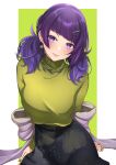 1girl absurdres black_skirt blush fingernails head_tilt highres idolmaster idolmaster_shiny_colors invisible_chair long_hair long_sleeves looking_at_viewer mr2d nail_polish purple_hair shawl simple_background sitting skirt smile solo sweater tanaka_mamimi twintails two-tone_background violet_eyes