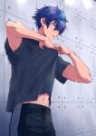  1boy abs arms_up black_pants black_shirt blue_hair ceiling_light ensemble_stars! from_side hair_between_eyes highres male_focus navel pants parted_lips sazanami_jun shirt shirt_grab short_hair solo sweatdrop toroi_(run01211) undressing upper_body yellow_eyes 